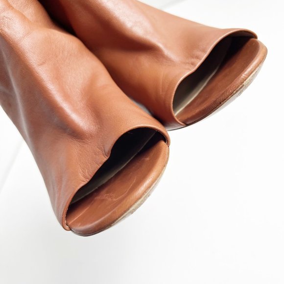 Chloe | Cognac Leather Peep Toe Cinched Ankle Boots | 38.5/8.5 - Picture 13 of 14